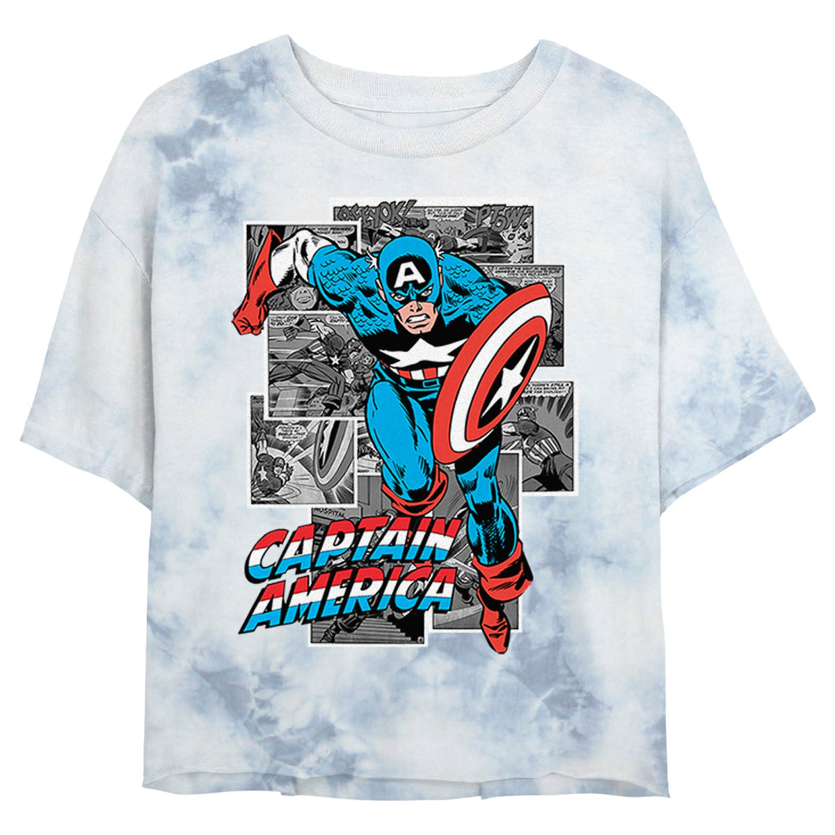 Junior's Marvel Captain America Comic Cap Bombard Tie-Dye Crop Top T-Shirt