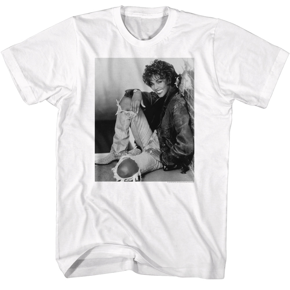 Whitney Houston Black and White Brick Wall Sitting T-Shirt product image 1